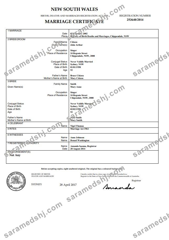 Australia New South Wales marriage certificate template in Word